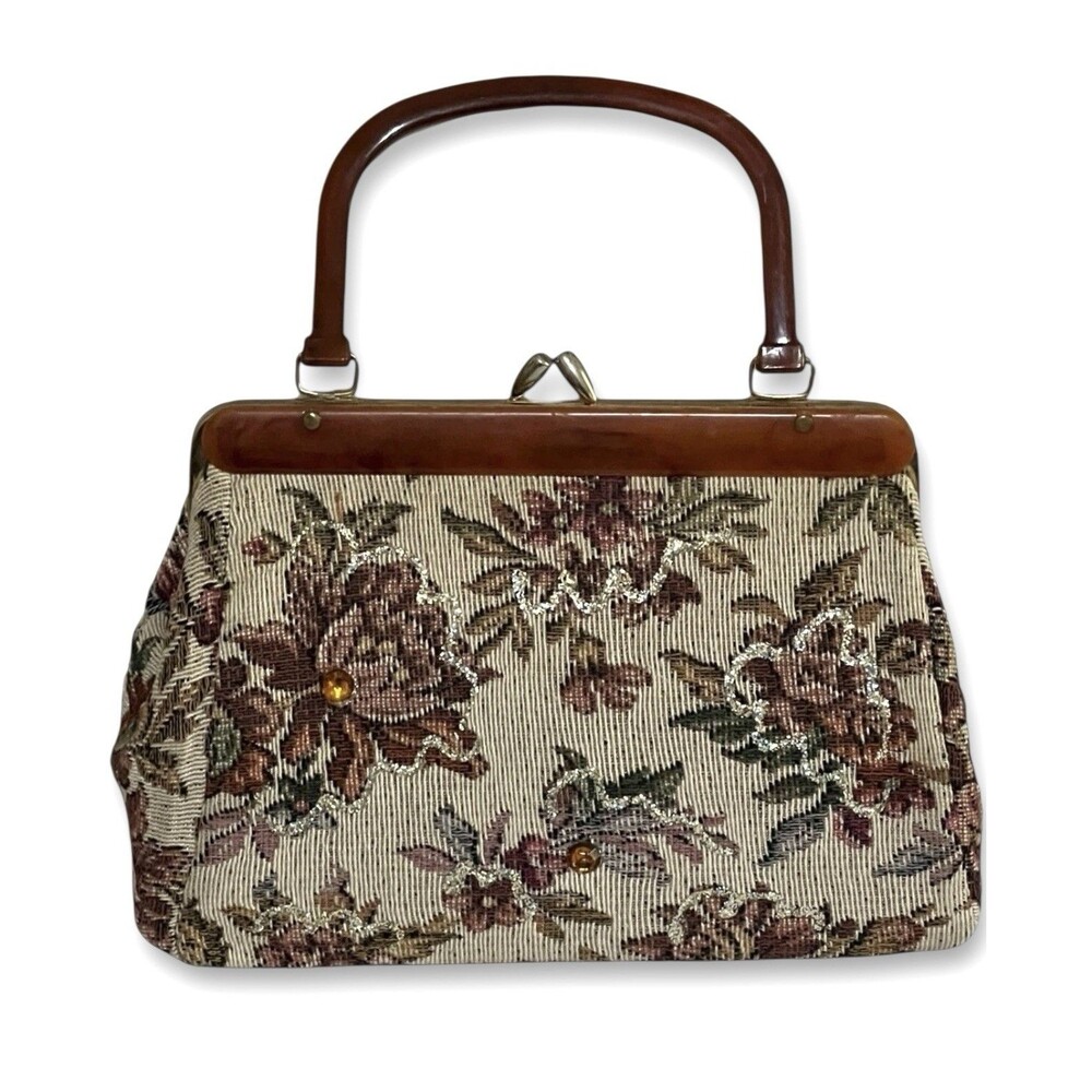Vintage Tapestry Purse w/ Tortoise Lucite Handle Hinged Frame Kiss Clasp CLEAN